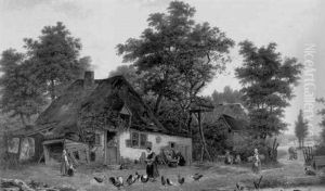 Thatched Cottage With Peasants And Poultry by Jan Theodor Linnig