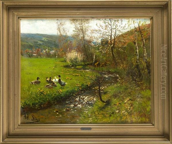 Rheinische Sommerlandschaft Mit Enten Am Bach - view 1