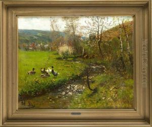 Rheinische Sommerlandschaft Mit Enten Am Bach