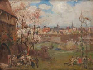 Das Kinder-kirchenfest Bzw. Bauernkirmes, Im Hintergrund Dusseldorf by Adolf Lins