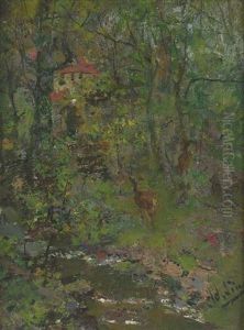 Reh An Einem Bachlauf Im Wald by Adolf Lins
