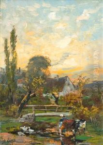 Abend Am Dorfbach - Hessisches Bauernmadchen Mit Kuhen An Der Tranke by Adolf Lins