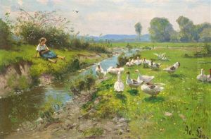 Madchen Und Ganse Am Bach by Adolf Lins