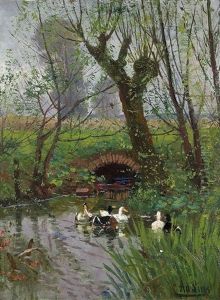 Ducks At A Creek by Adolf Lins