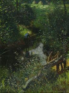 Angler Am Waldteich Im Sommer by Adolf Lins