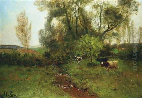 Feldlandschaft Mit Pappeln, Bach Und Kuhen - view 1