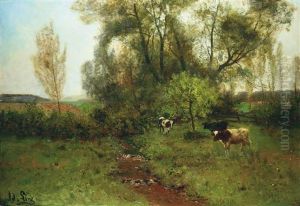 Feldlandschaft Mit Pappeln, Bach Und Kuhen