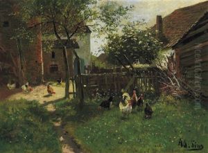 Federvieh Auf Dem Hof. Sommerstimmung by Adolf Lins
