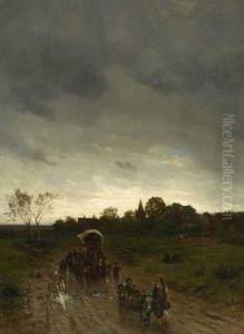 Ziehende Schausteller Mit Zwei Tanzbaren Auf Der Landstrase by Adolf Lins