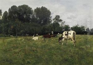 Kuhe Auf Der Weide Am Waldrand by Adolf Lins
