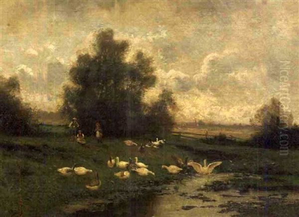 Pastoral Landscape With A Flock Of Birds And Three Children - view 1