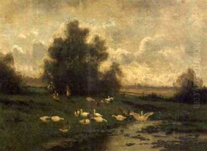 Pastoral Landscape With A Flock Of Birds And Three Children Pastoral Landscape With A Flock Of Birds And Three Children