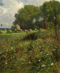 Bauern Bei Der Heuernte Am Waldesrand by Adolf Lins