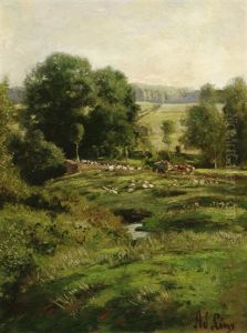 Wiesenlandschaft Mit Ganseschar