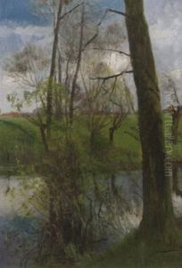 Sommerlandschaft Mit Bachlauf, Von Kopfweiden Gesaumt