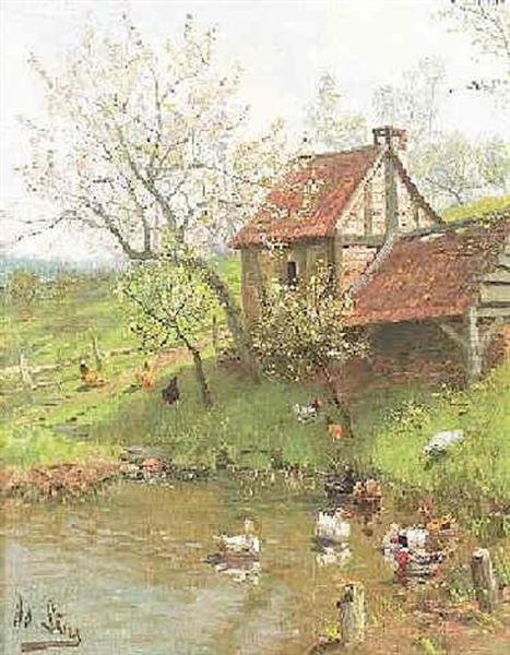 Bachlauf Mit Enten Und Huhnern Im Fruhling - view 1