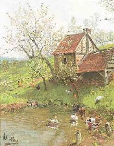 Bachlauf Mit Enten Und Huhnern Im Fruhling