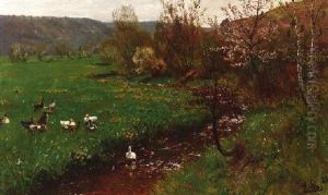 Enten Am Fruhlingshaften Bachlauf by Adolf Lins