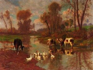 Niederrheinische Fluslandschaft Mit Kuhen Und Enten