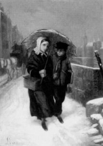Verschneite Strase Mit Madchen Und Knabe Unter Einem Schirm