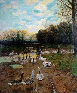 Madchen Am Bach Mit Enten by Adolf Lins