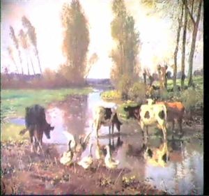 Kuhe Und Ganse Am Bach by Adolf Lins