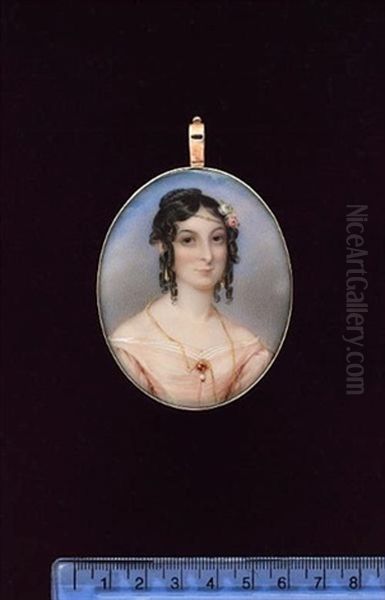 A Lady, Wearing Pale Pink Dress With White Lace Neckline, A Gold Jewelled Brooch At Her Corsage, A Lorgnette Chain At Her Neck, Gold Earrings, Bud Roses In Her Curled Dark Hair - view 1