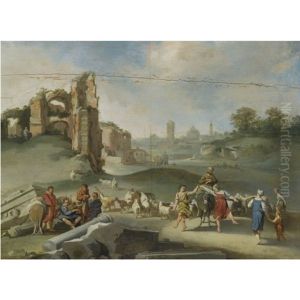 An Arcadian Landscape With Shepherds Dancing And Making Music Before Roman Antiquities by Jan (Hermafrodito) Linsen