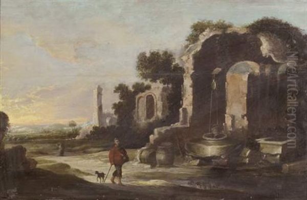 Paysage De Campagne Avec Des Ruines Antiques Pres D'un Puits - view 1