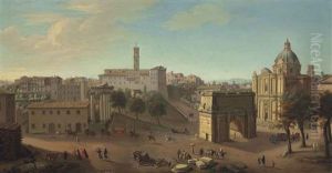 A View Of The Forum, Rome, With The Arch Of Titus And The Church Of Saints Luke And Martina, With Carriages And Elegantly Dressed Figures On Horseback by Giacomo van (Monsu Studio) Lint