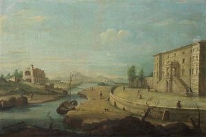 A Capriccio Of A Landscape In The Roman Campagna With Numerous Figures Beside A River Running Between Roman Ruins To The Left And A Renaissance Villa To The Right