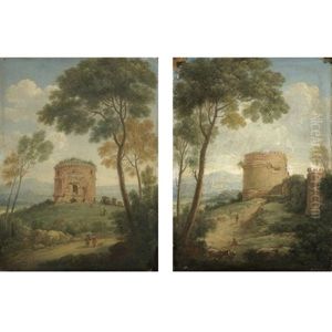 A View Of The Tor De Schiavi In The Roman Campagna (+ A View Of The Tomb Of Cecilia Metella In The Roman Campagna; Pair) by Giacomo van (Monsu Studio) Lint