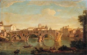 Rome, A View Of The Ponte Rotto With The Basilica Of Saint Peter's In The Distance by Giacomo van (Monsu Studio) Lint