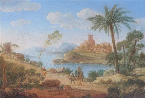 An Italianate Landscape With A Falconer On A Path Near A Classical Rotunda, An Island Town Beyond - view 1