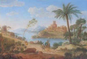 An Italianate Landscape With A Falconer On A Path Near A Classical Rotunda, An Island Town Beyond by Giacomo van (Monsu Studio) Lint