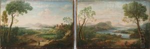 Pendants: Landschaftsveduten An Flusslaufen Mit Kastell Sowie Rundem Tempel, Im Vordergrund Figurenstaffage by Hendrick Frans van Lint