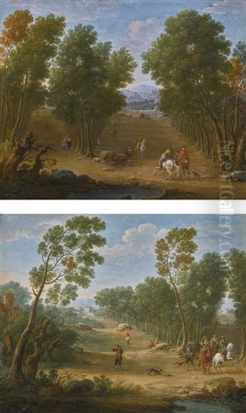 A Pair Of Wooded Landscapes With Elegant Riders - view 1