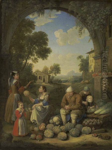 A Lady With Children Visiting A Village Vegetable Stand - view 1