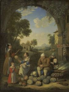 A Lady With Children Visiting A Village Vegetable Stand by Hendrick Frans van Lint