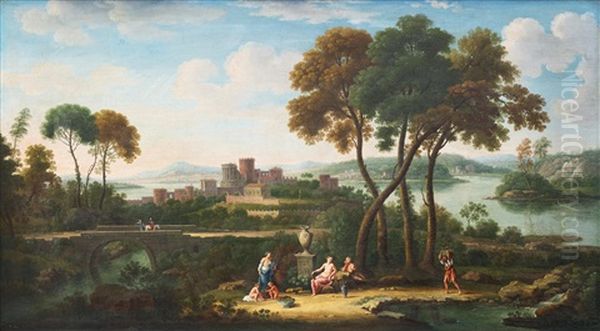 Figures In An Ideal River Landscape By A Bridge And Buildings Beyond - view 1