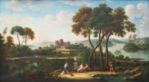 Figures In An Ideal River Landscape By A Bridge And Buildings Beyond by Hendrick Frans van Lint
