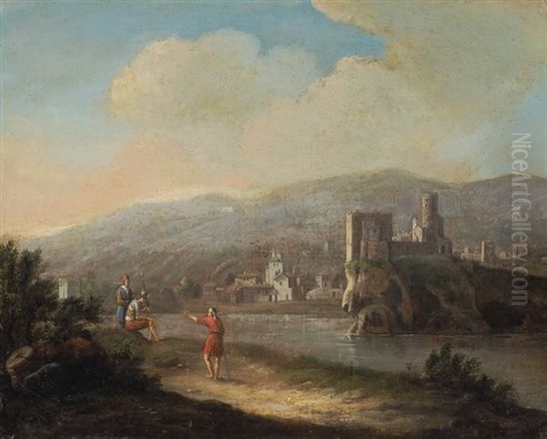Italienische Flusslandschaft Mit Figurengruppe Und Kastell - view 1