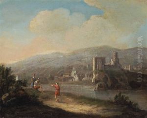 Italienische Flusslandschaft Mit Figurengruppe Und Kastell by Hendrick Frans van Lint