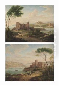 An Italianate River Landscape With Figures On A Path And Entering A Castle, A Fortified Village Beyond; And An Italianate River Landscape With Travellers And Other Figures On A Path, A Ruined Castle Beyond