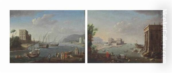 A Mediterranean Harbor View With Ships Setting Out; And A Mediterranean Harbor View With Swimmers And Gondoliers (pair) - view 1