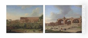 The Colosseum, Rome, With The Arch Of Constantine And Figures In The Foreground (+ The Ruins Of The Basilica Of Maxentius, Rome, With Elegant Figures In The Foreground; Pair) by Hendrick Frans van Lint