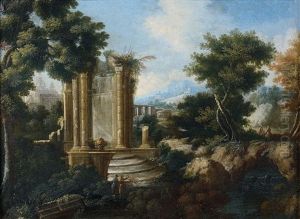 Paysages De Ruines Antiques Animes De Personnages (pair) by Hendrick Frans van Lint