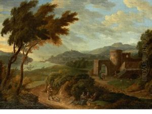 Travellers On A Country Path, A River Landscape Beyond Travellers On A Country Path, A River Landscape Beyond