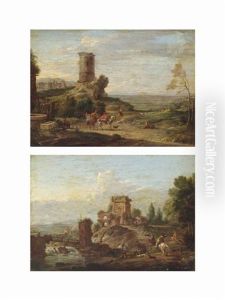 An Italianate Landscape With Travellers On A Track Beside A Ruined Tower... (+ An Italianate River Landscape With A Stag Hunt, Ruins Beyond; Pair) by Hendrick Frans van Lint