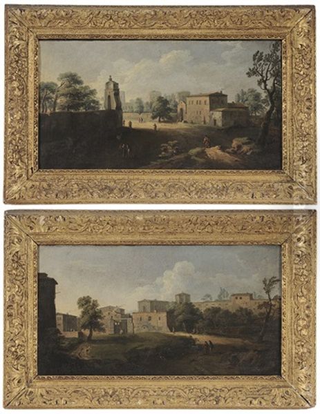 Figures On A Track Outside A Town Gate; Figures On A Track With Gated House (pair) - view 1